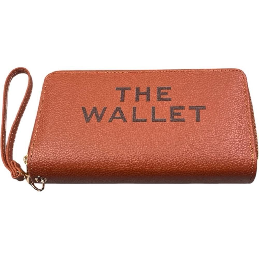 Brown Designer Inspired Lettering Double Zipper Wristlet Wallet